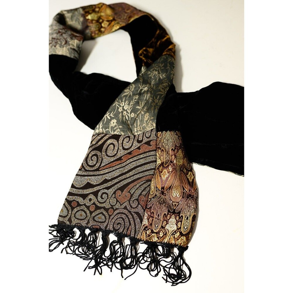 Scarf Patchwork Black velvet rectangle neck scarf‎ 8x56" gold silver